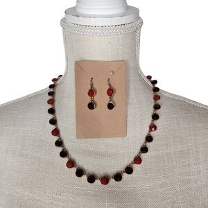 5/$15 Charming Charlie Red Gold Gem Necklace & Earring Set